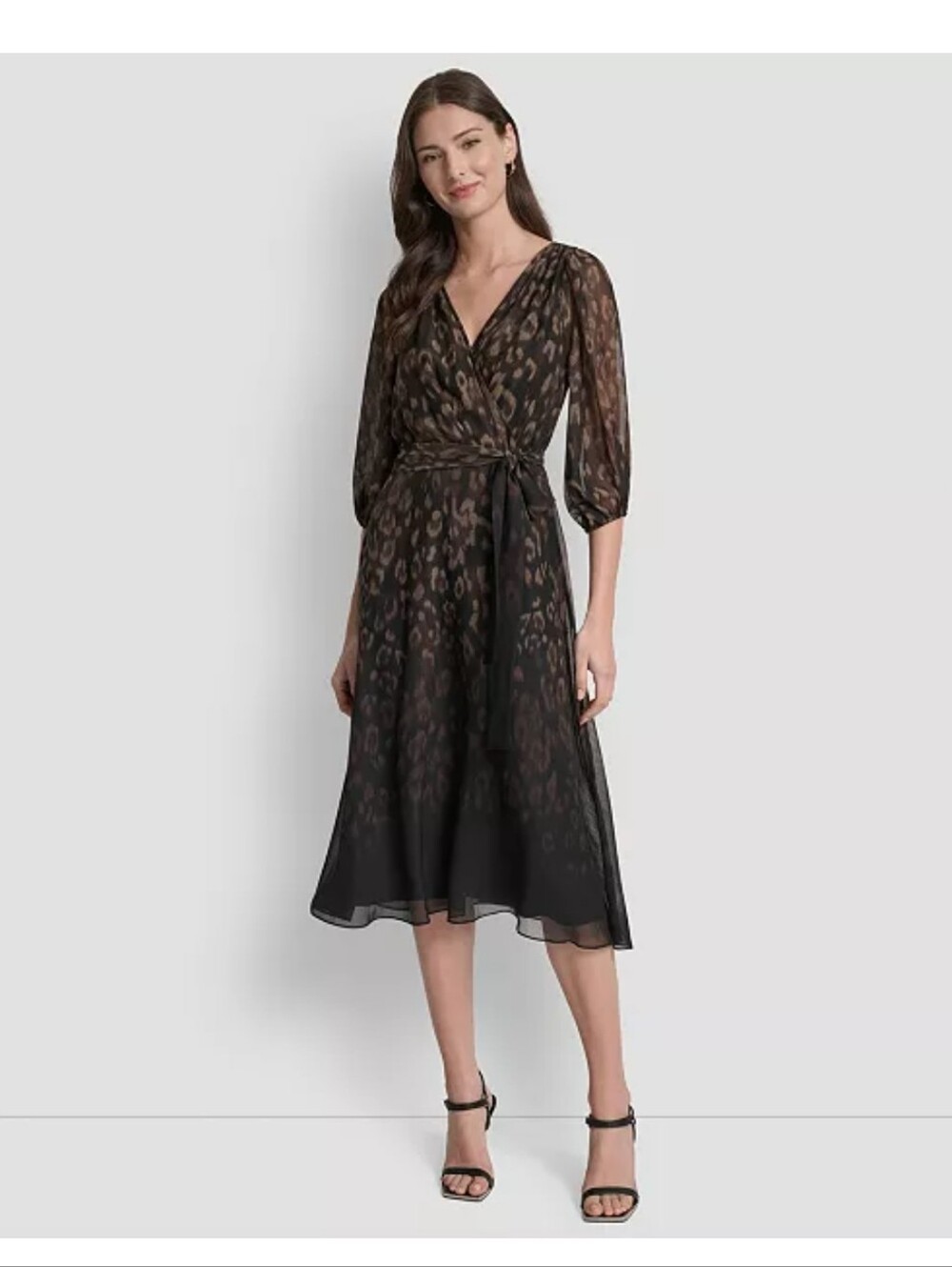 DKNY NWT Animal Print Chiffon Wrap Midi Dress Size 2 Black Brown $129 Career